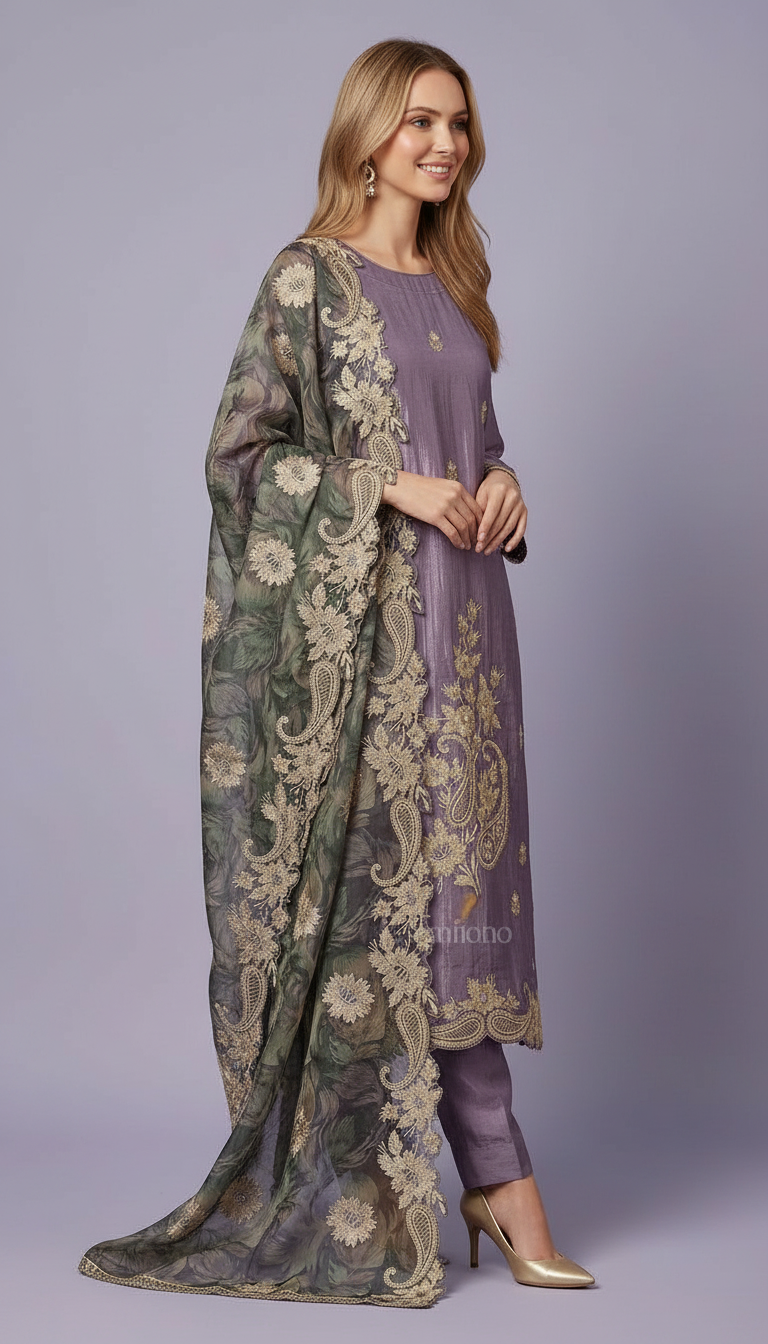 Heavy Embroidered Designer Party Wear Unstitched Suit - Purple / HC002275 view 4