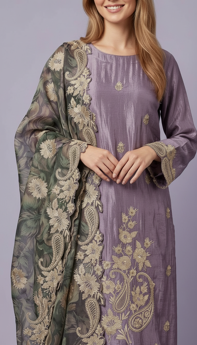 Heavy Embroidered Designer Party Wear Unstitched Suit - Purple / HC002275 view 5