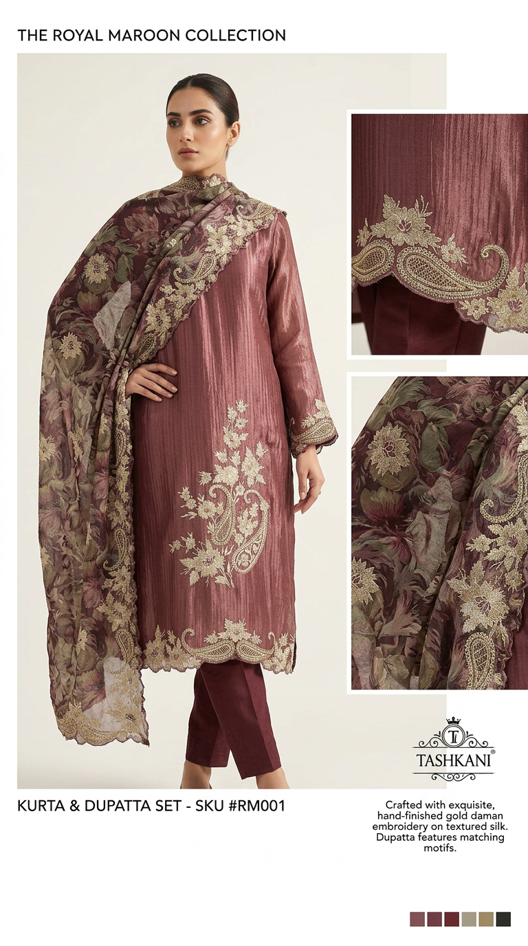 Embroidered Silk Jacquard Party Wear Unstitched Suit - Wine / HC002275 view 3
