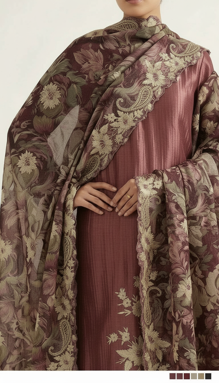 Embroidered Silk Jacquard Party Wear Unstitched Suit - Wine / HC002275 view 4