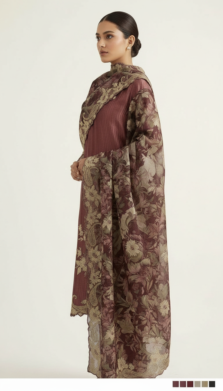 Embroidered Silk Jacquard Party Wear Unstitched Suit - Wine / HC002275 view 2