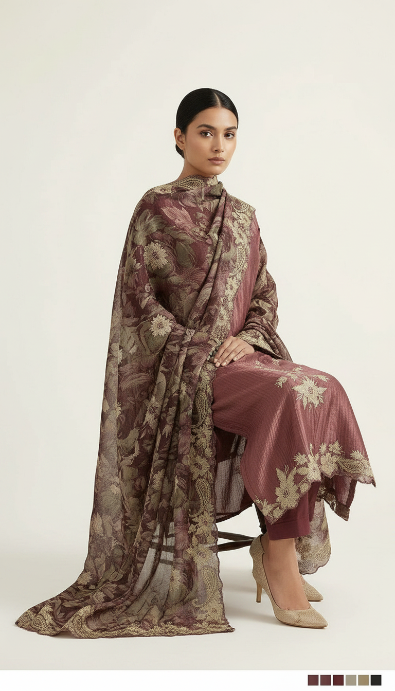 Embroidered Silk Jacquard Party Wear Unstitched Suit - Wine / HC002275 view 5