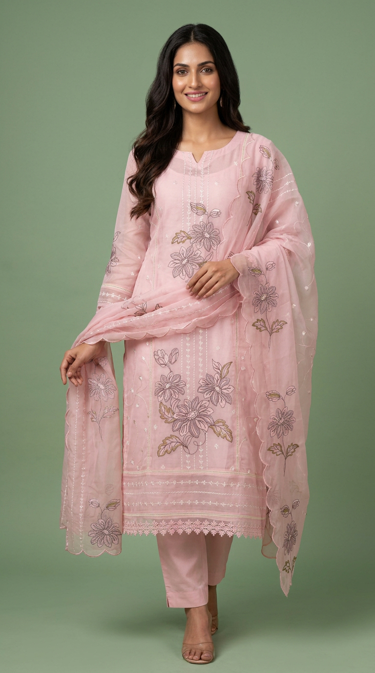 Elegant Embroidered Pure Kata Check Unstitched Suit - 912 / HC002356 view 6