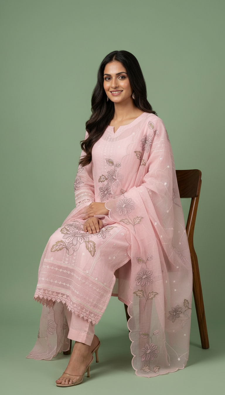 Elegant Embroidered Pure Kata Check Unstitched Suit - 912 / HC002356 view 5