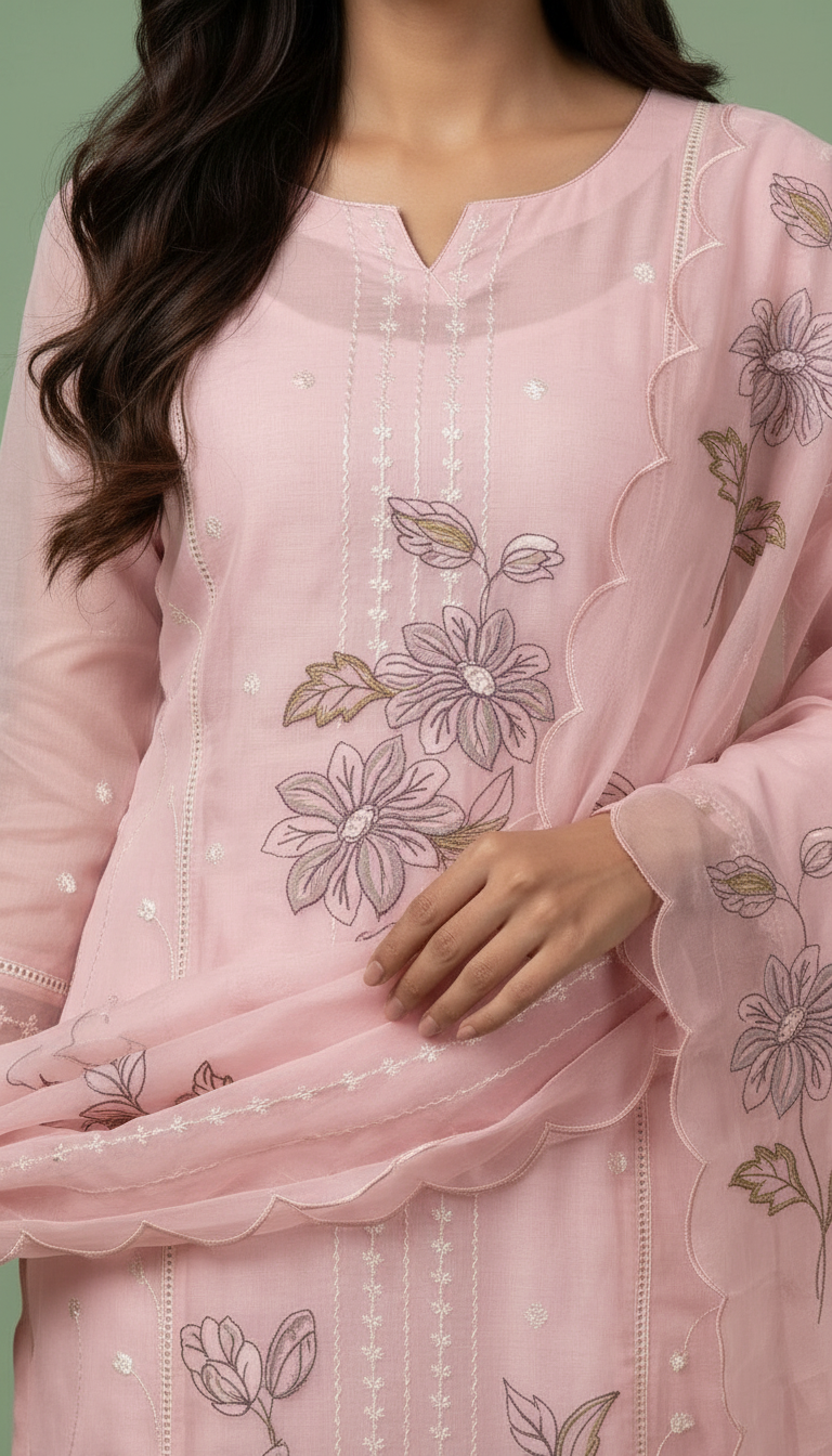 Elegant Embroidered Pure Kata Check Unstitched Suit - 912 / HC002356 view 4