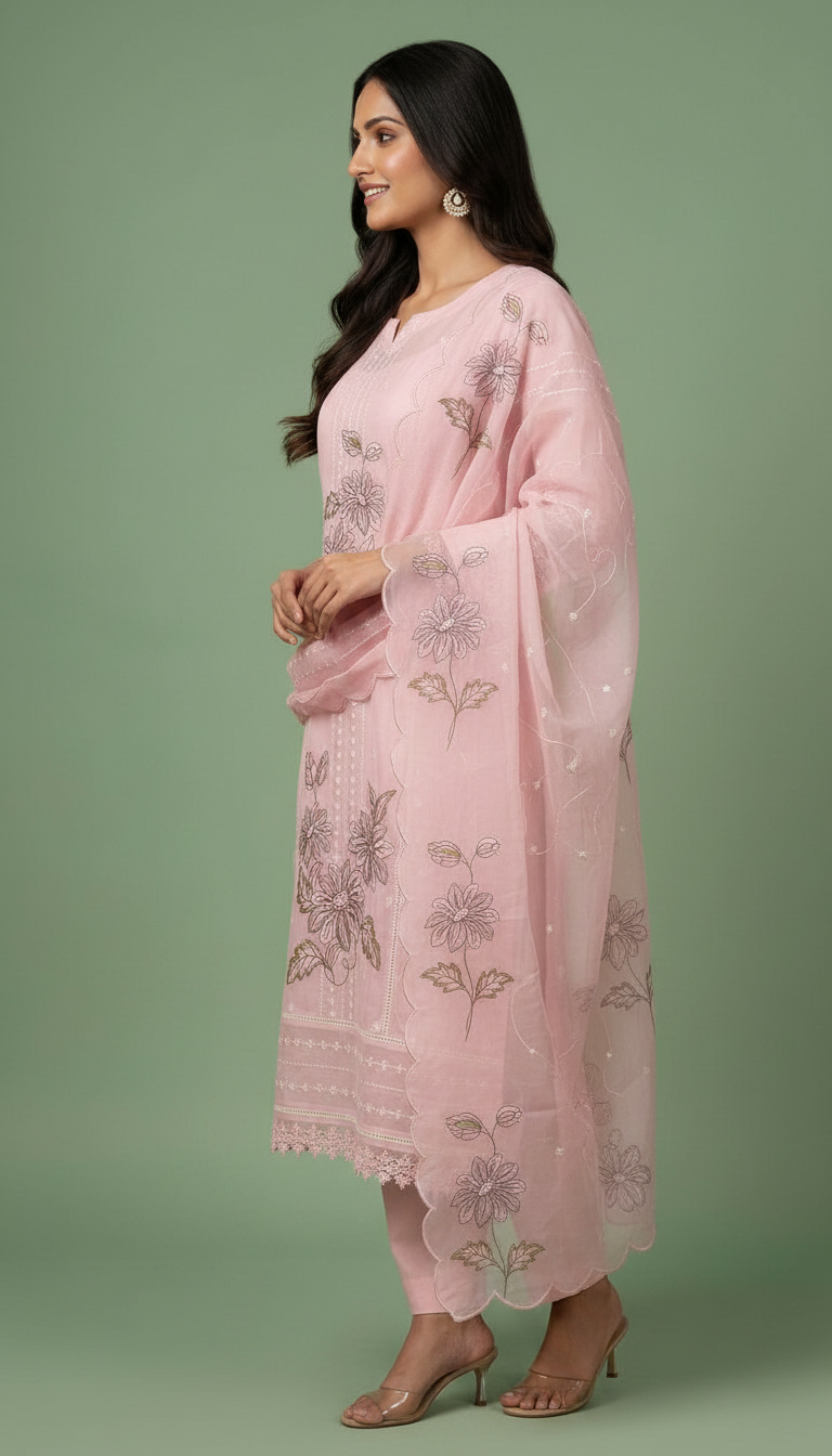 Elegant Embroidered Pure Kata Check Unstitched Suit - 912 / HC002356 view 2