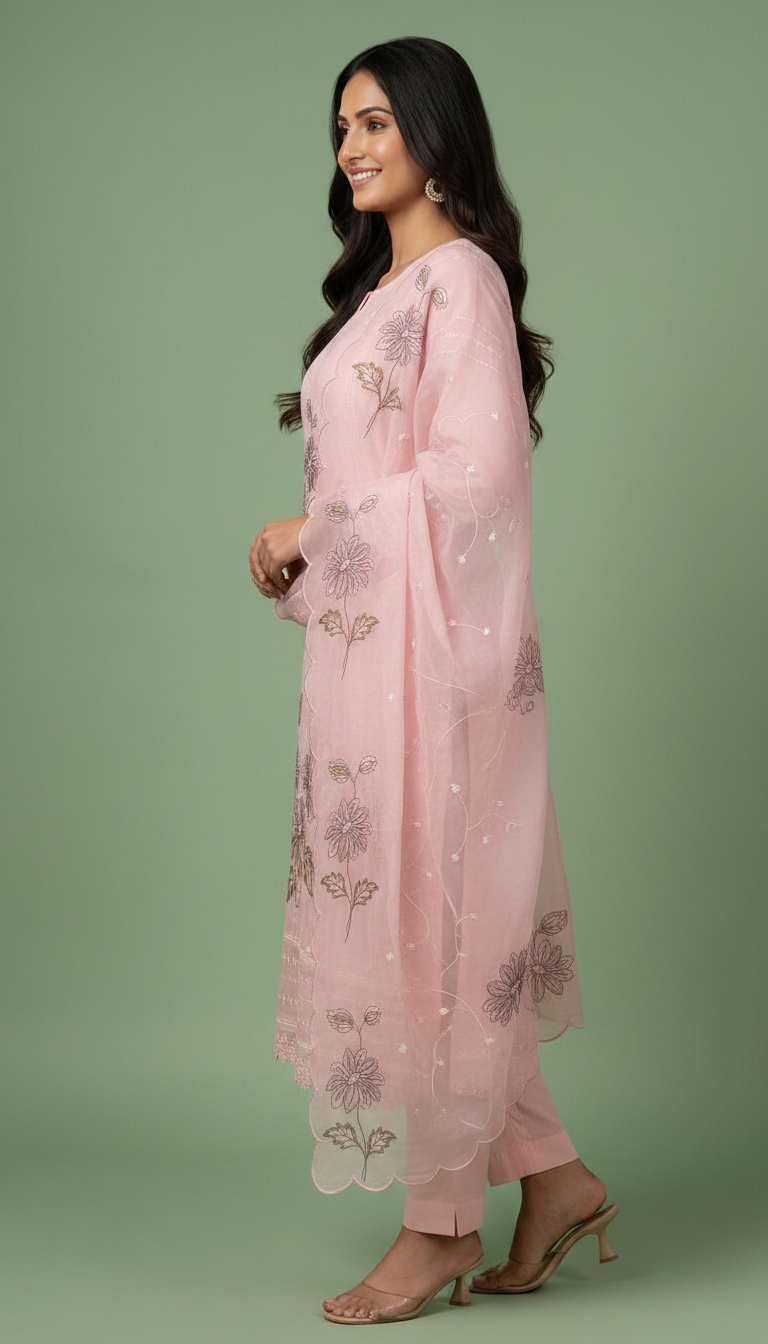 Elegant Embroidered Pure Kata Check Unstitched Suit - 912 / HC002356 view 3