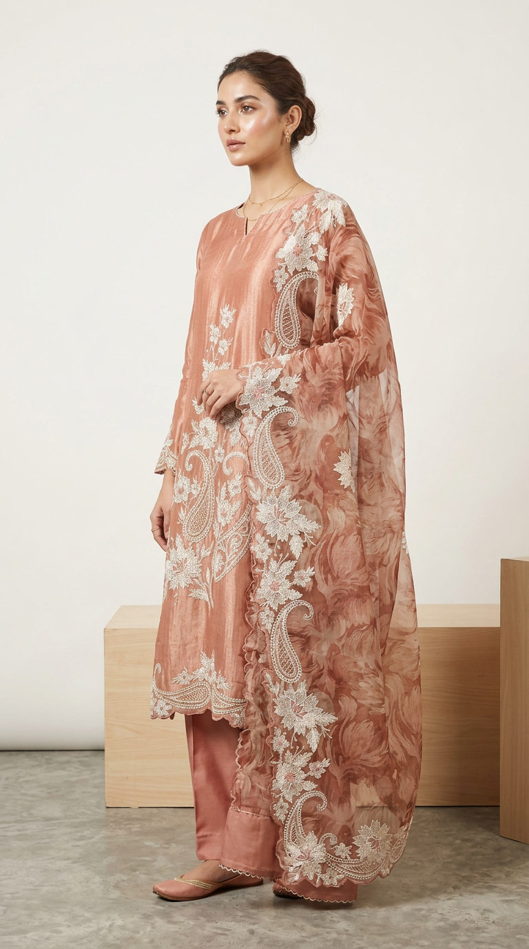 Heavy Embroidered Designer Party Wear Unstitched Suit - Rust / HC002275 view 2