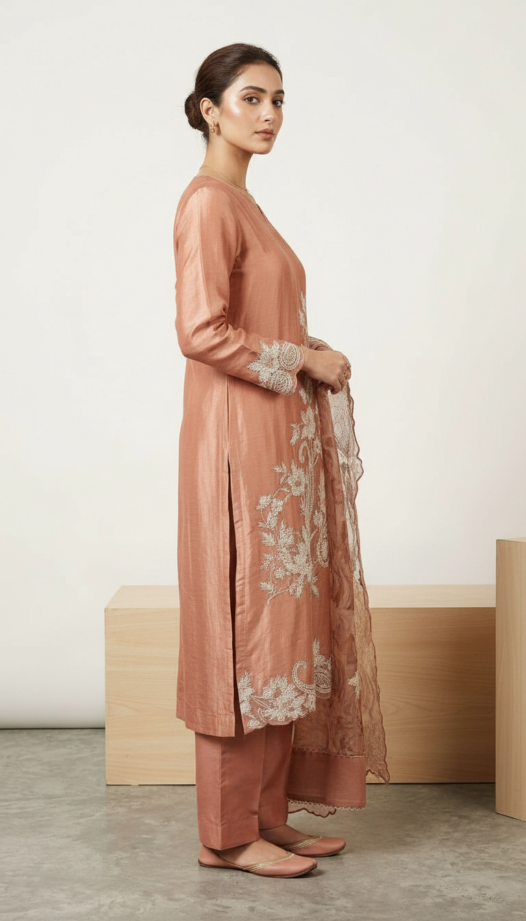 Heavy Embroidered Designer Party Wear Unstitched Suit - Rust / HC002275 view 3