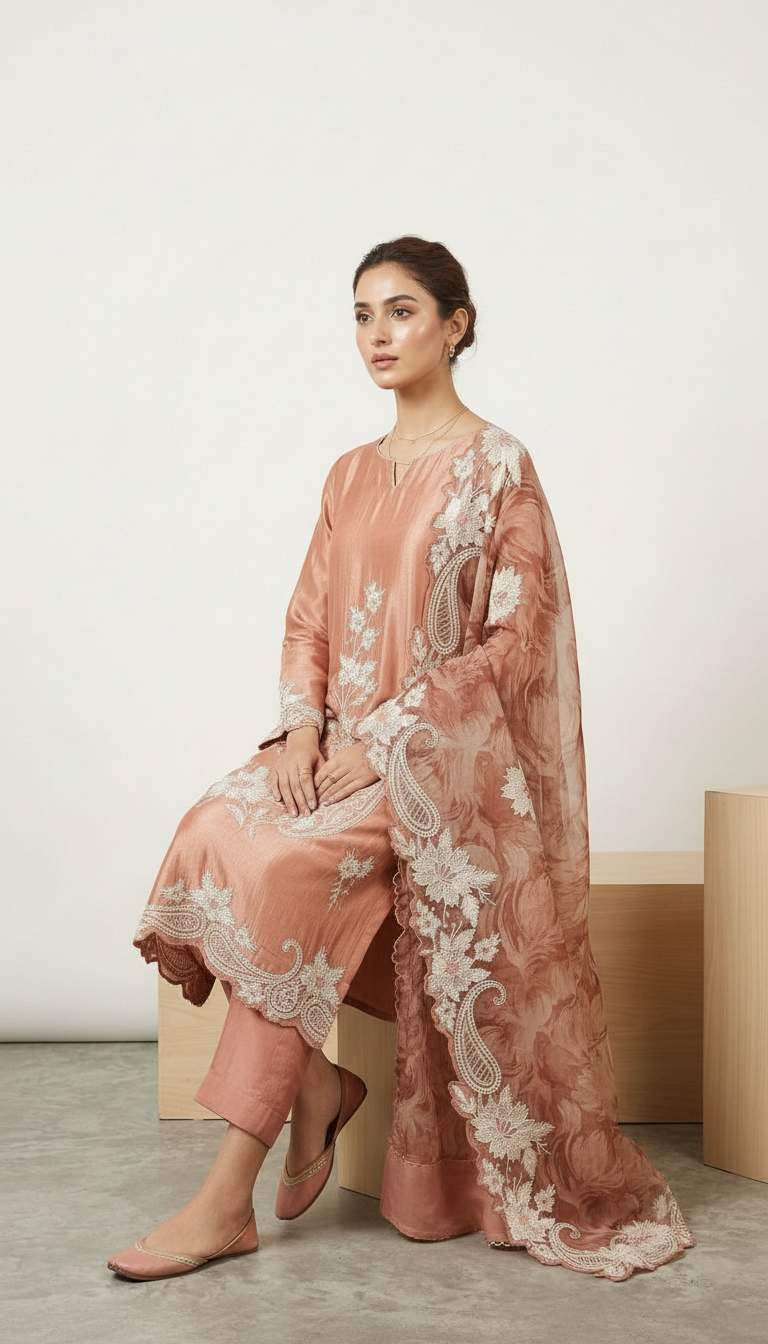 Heavy Embroidered Designer Party Wear Unstitched Suit - Rust / HC002275 view 5