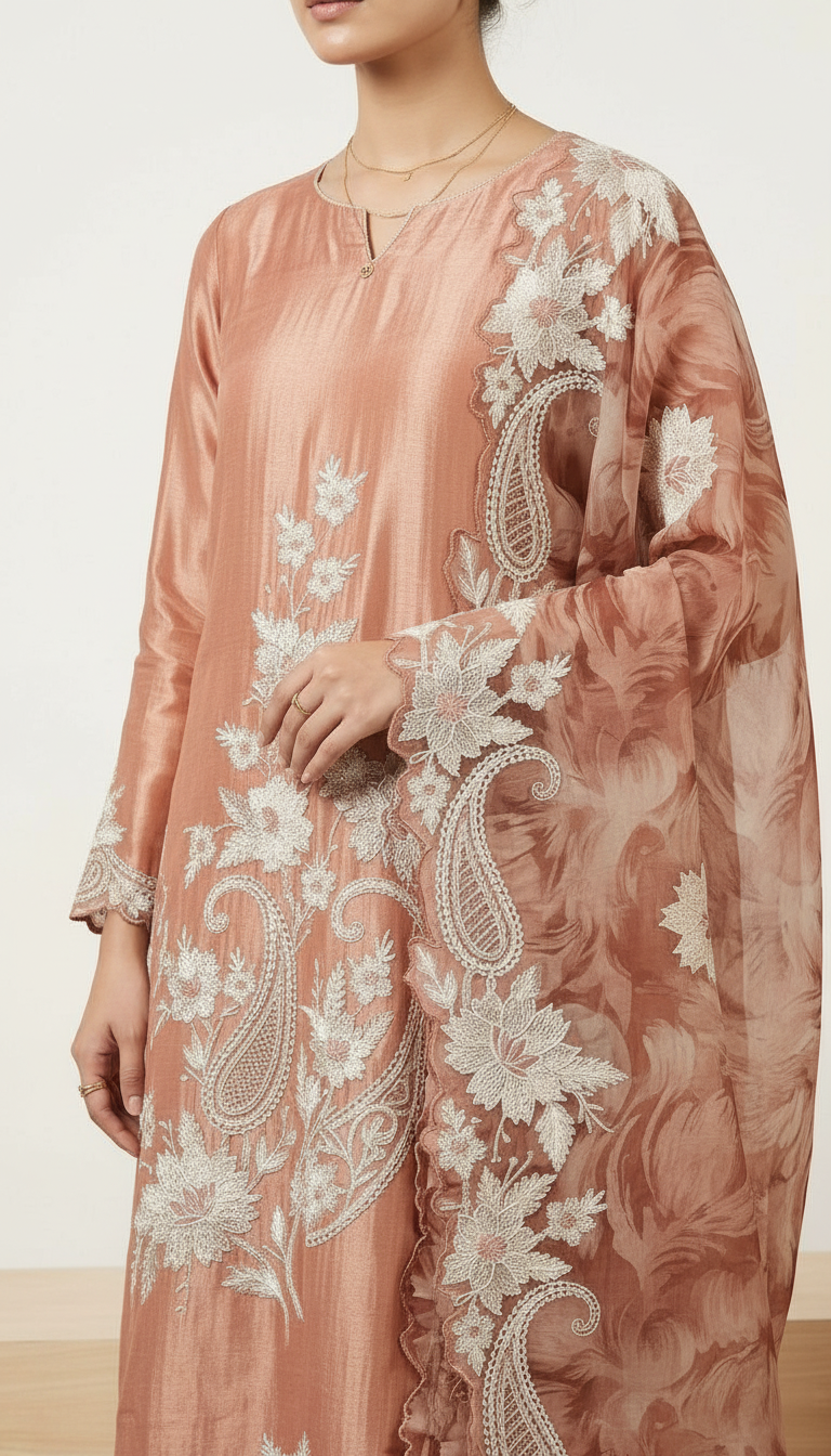 Heavy Embroidered Designer Party Wear Unstitched Suit - Rust / HC002275 view 4