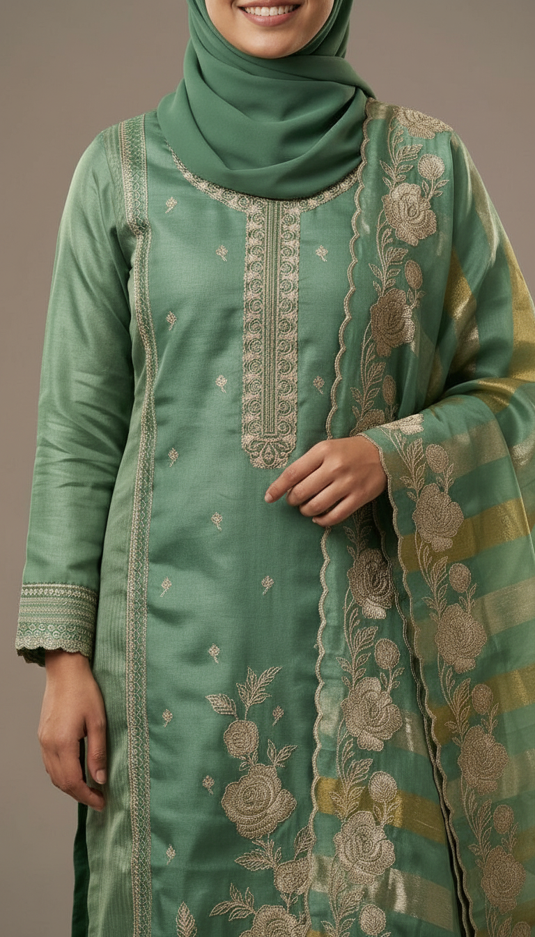 Embroidered Soft Shimmer Silk With Embroidery Work Party Wear Unstitched Suit- AF 1882 B / HC002376 view 4