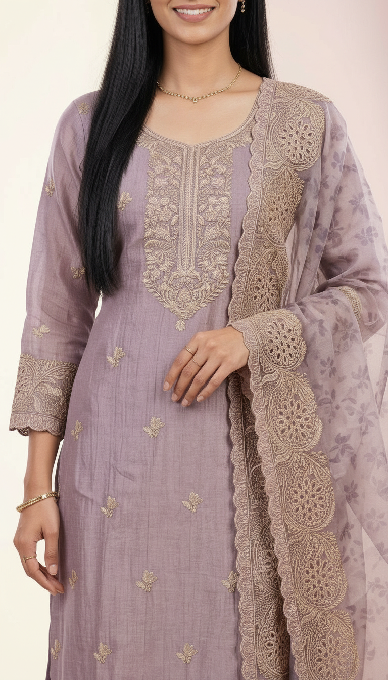 Embroidered Fancy Shimmer  Silk Party Wear Latest Suit - Purple/ HC002351 view 3
