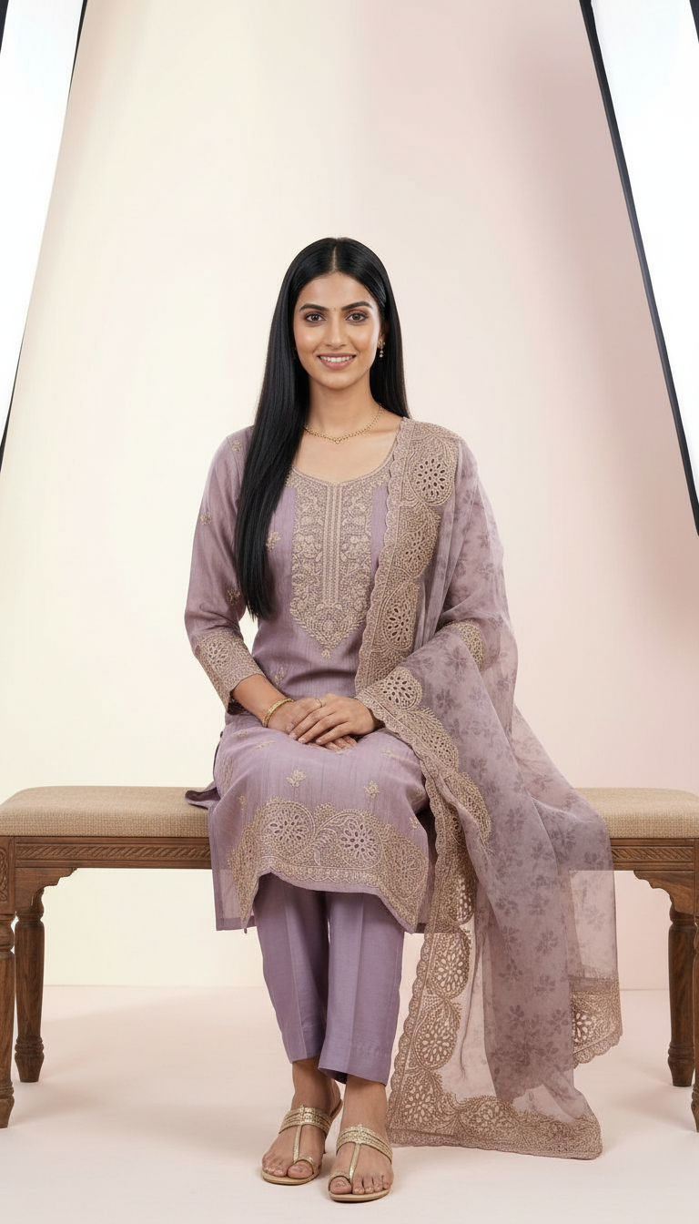 Embroidered Fancy Shimmer  Silk Party Wear Latest Suit - Purple/ HC002351 view 5