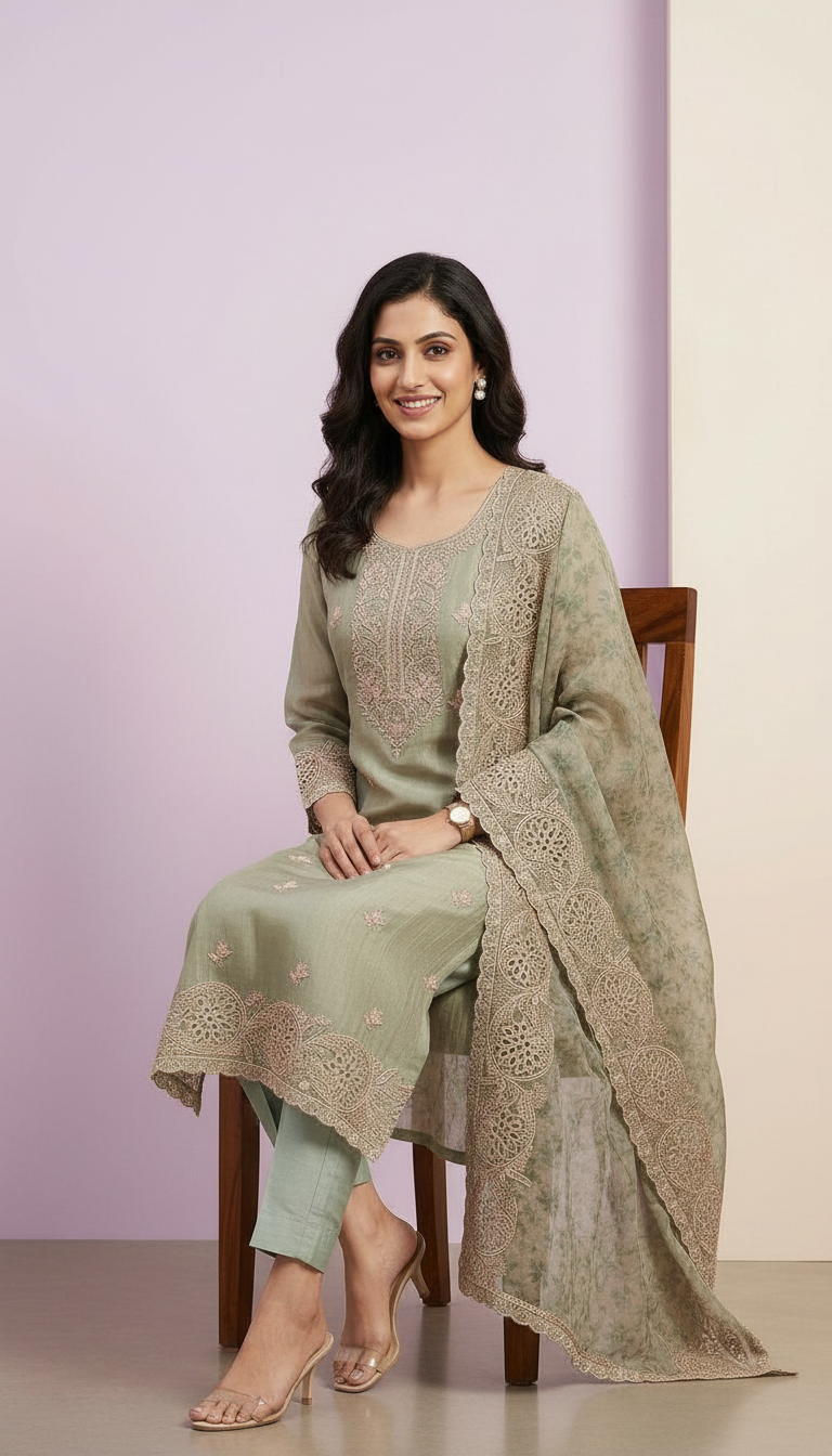 Embroidered Fancy Silk Party Wear Latest Suit - Green / HC002251 view 5