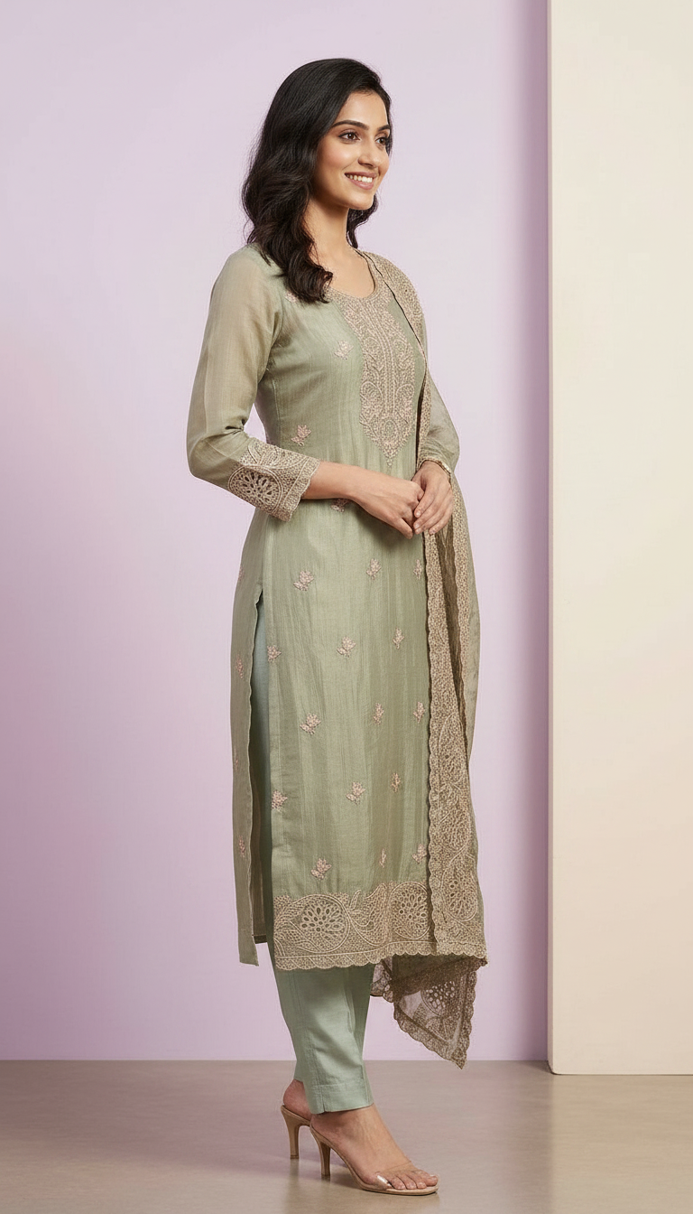 Embroidered Fancy Silk Party Wear Latest Suit - Green / HC002251 view 3