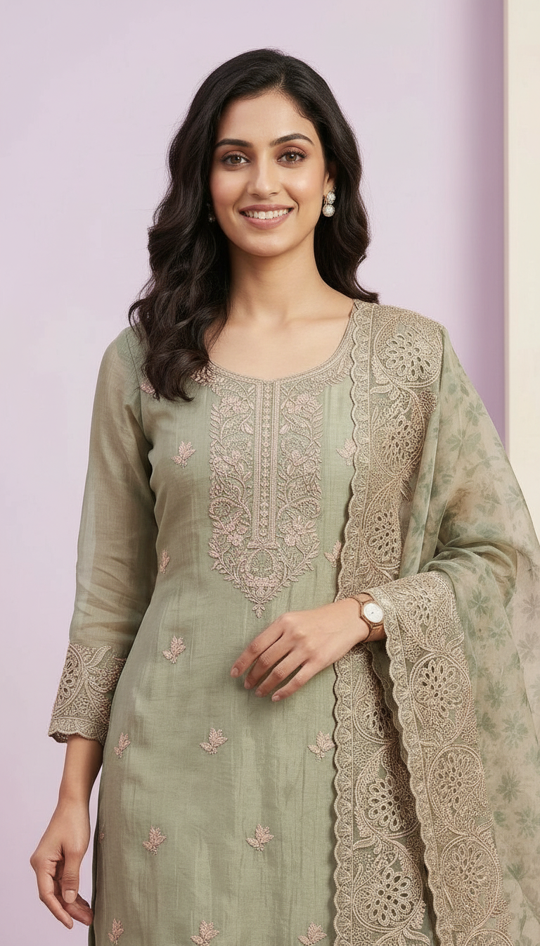 Embroidered Fancy Silk Party Wear Latest Suit - Green / HC002251 view 4