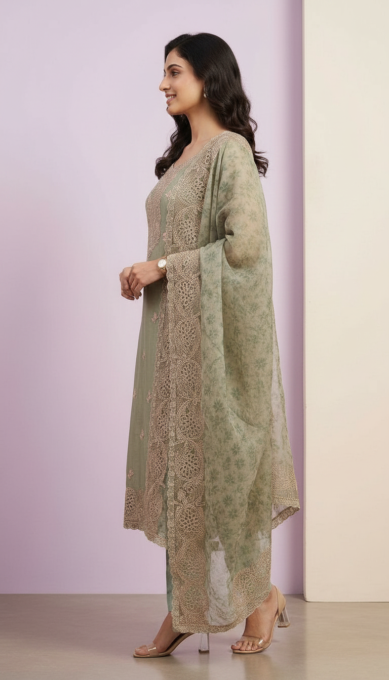 Embroidered Fancy Silk Party Wear Latest Suit - Green / HC002251 view 2