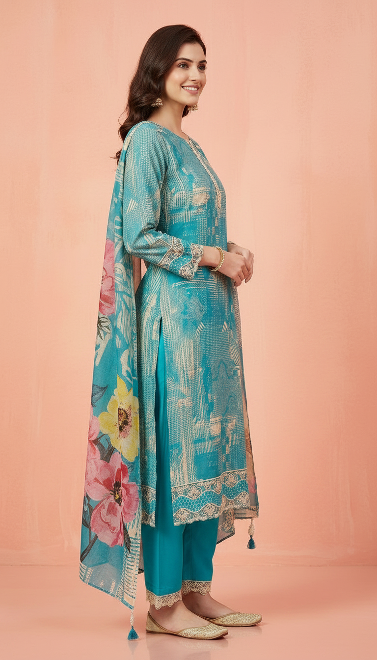 Pure Muslin Banarsi Embroidered Silk Fabric Unstitched Suit - 9561 / HC001620 view 3