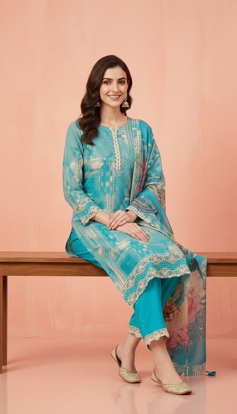 Pure Muslin Banarsi Embroidered Silk Fabric Unstitched Suit - 9561 / HC001620 view 5