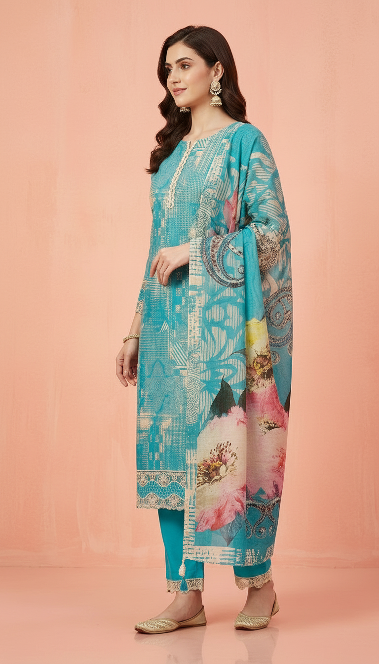 Pure Muslin Banarsi Embroidered Silk Fabric Unstitched Suit - 9561 / HC001620 view 2