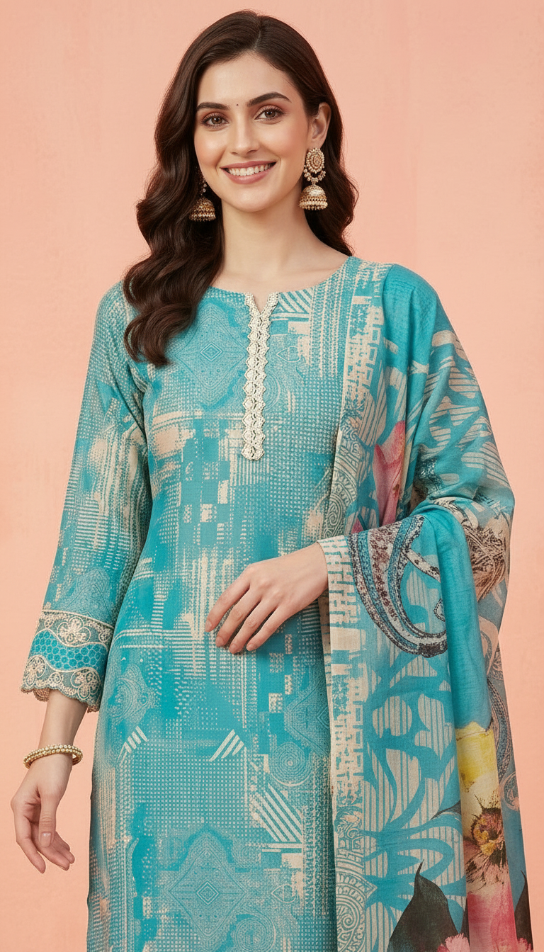 Pure Muslin Banarsi Embroidered Silk Fabric Unstitched Suit - 9561 / HC001620 view 4