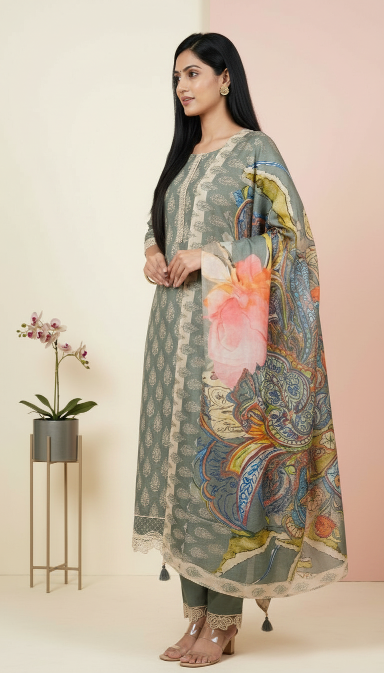 Pure Muslin Banarsi Embroidered Silk Fabric Unstitched Suit - 9563 / HC001620 view 2