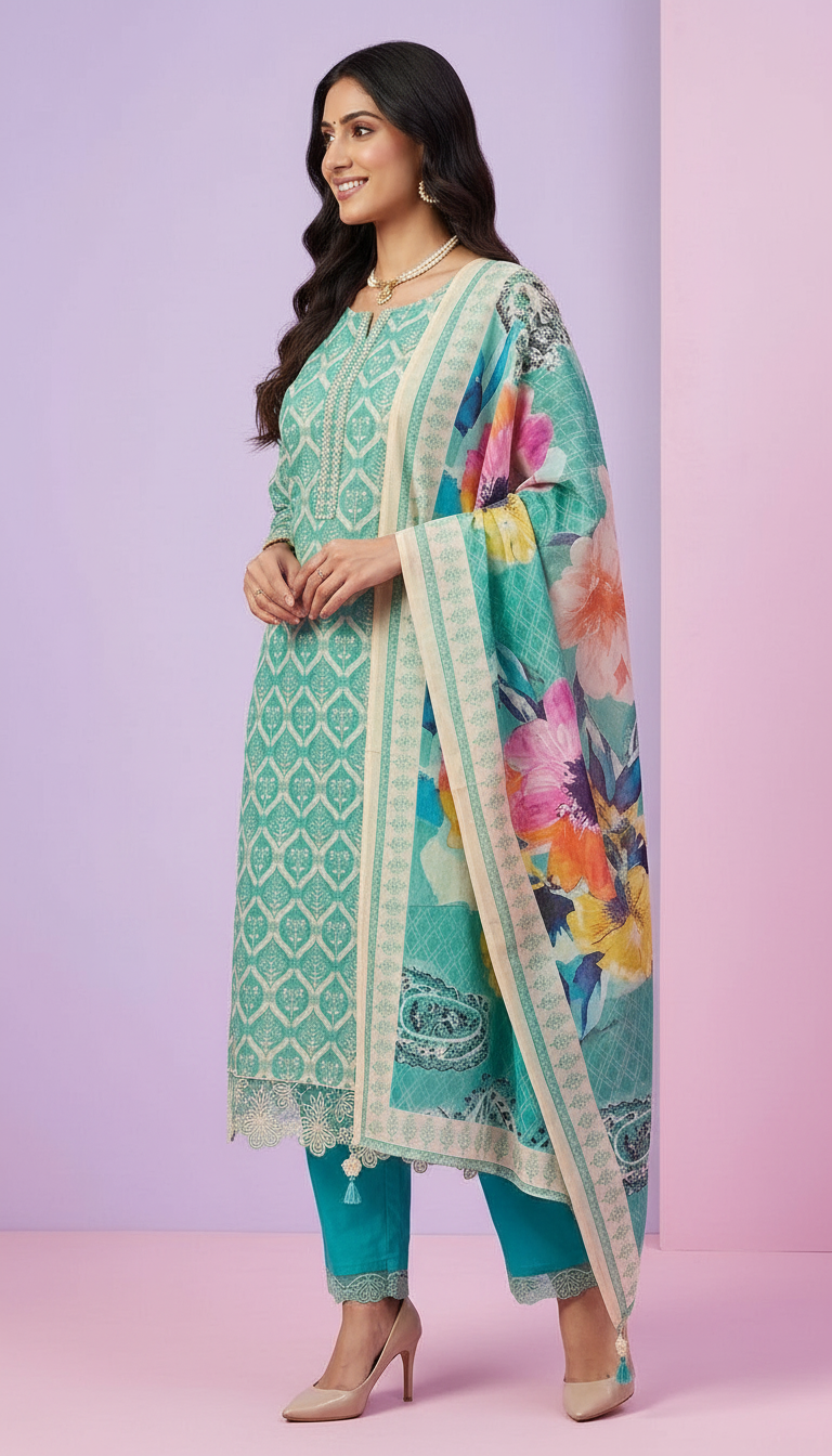 Pure Muslin Banarsi Embroidered Silk Fabric Unstitched Suit - 9565 / HC001620 view 2