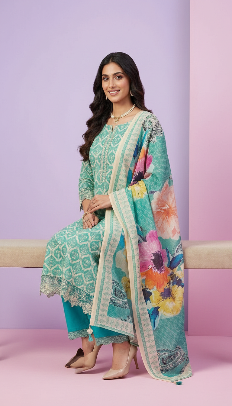 Pure Muslin Banarsi Embroidered Silk Fabric Unstitched Suit - 9565 / HC001620 view 5