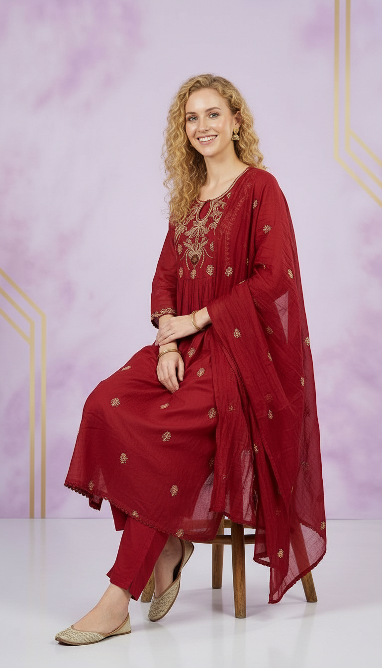 Embroidered Ethnic Wear Stitched Frock Suit - Cream 2087 - A / HC002087 view 6