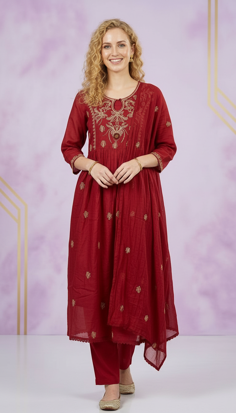 Embroidered Ethnic Wear Stitched Frock Suit - Cream 2087 - A / HC002087 view 3