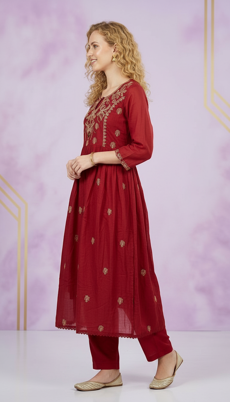 Embroidered Ethnic Wear Stitched Frock Suit - Cream 2087 - A / HC002087 view 2