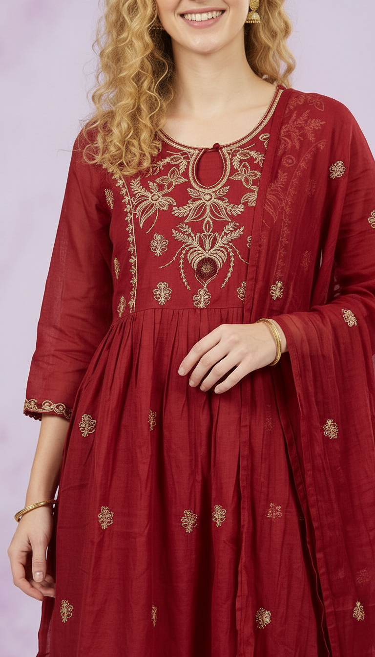 Embroidered Ethnic Wear Stitched Frock Suit - Cream 2087 - A / HC002087 view 5