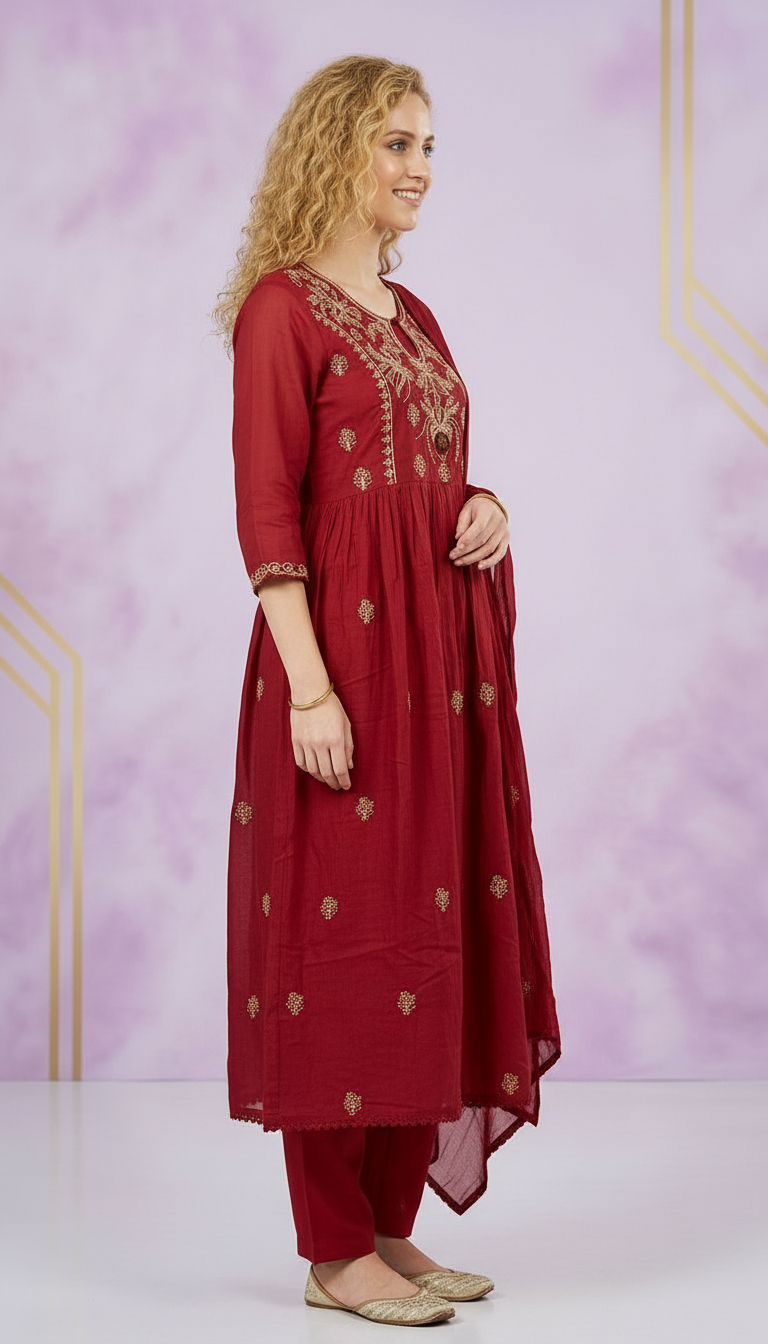 Embroidered Ethnic Wear Stitched Frock Suit - Cream 2087 - A / HC002087 view 4