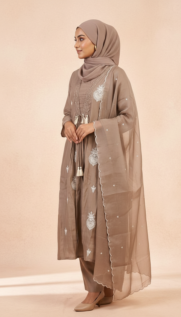 Embroidered Cotton Silk With Handwork Stitched Frock Suit Set - 3195- L / HC002504 view 2