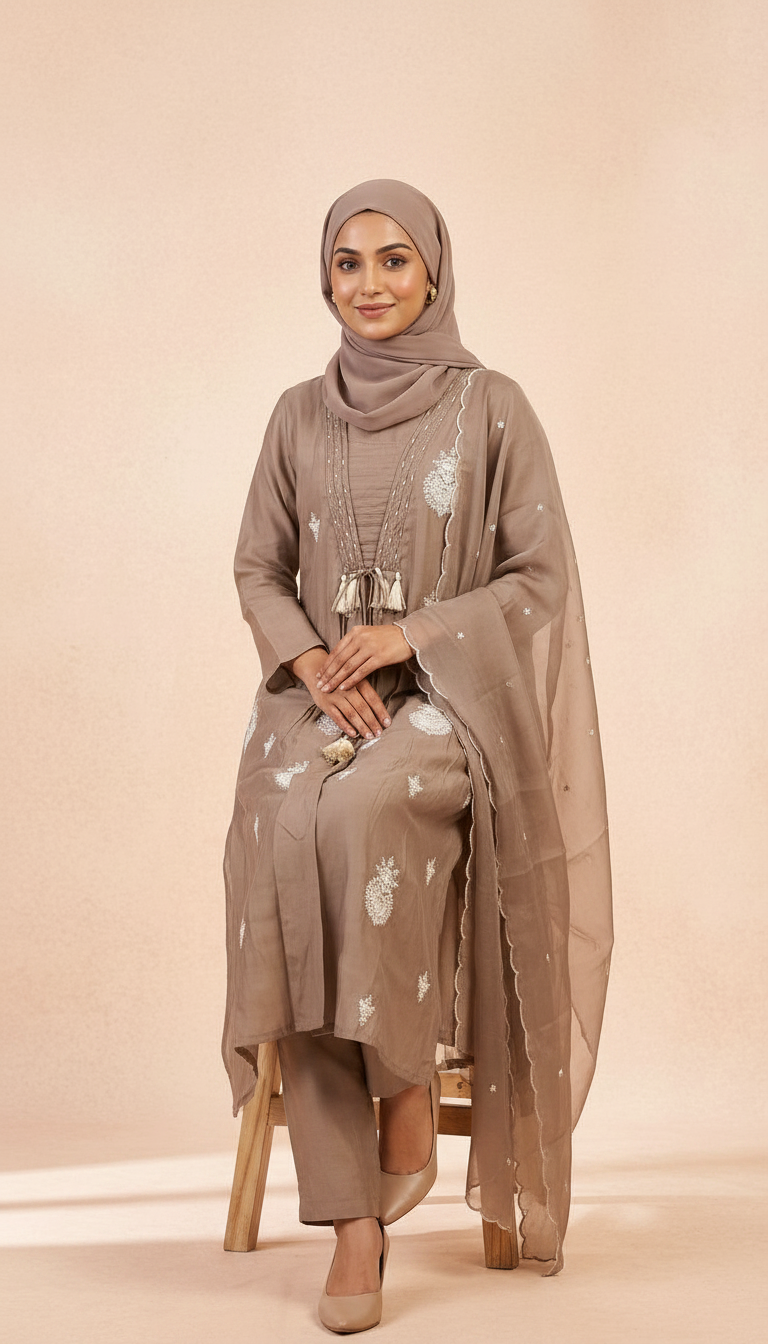 Embroidered Cotton Silk With Handwork Stitched Frock Suit Set - 3195- L / HC002504 view 5