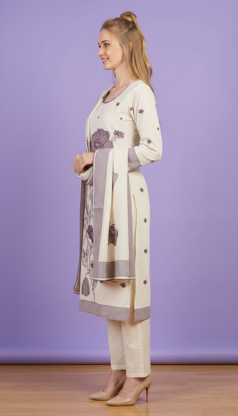 Thread Work Ethnic Off White Mal ChanderiJauquerd Straight Women Kurta Trouser With Dupatta
Suit Set - 3138- L / HC002503 view 3