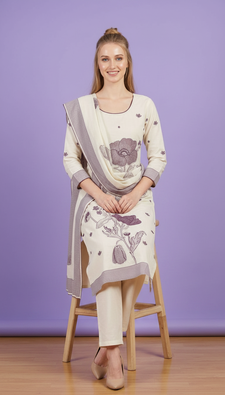 Thread Work Ethnic Off White Mal ChanderiJauquerd Straight Women Kurta Trouser With Dupatta
Suit Set - 3138- L / HC002503 view 5
