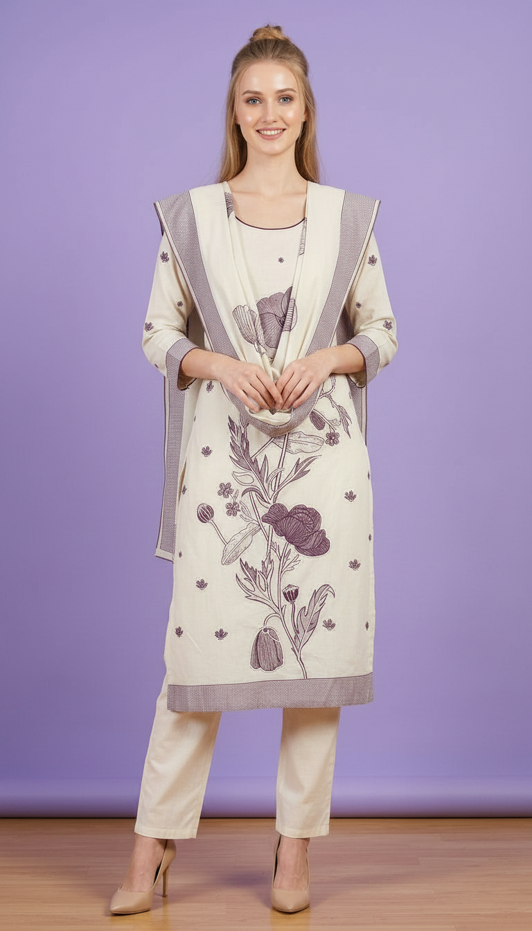 Thread Work Ethnic Off White Mal ChanderiJauquerd Straight Women Kurta Trouser With Dupatta
Suit Set - 3138- L / HC002503 view 2