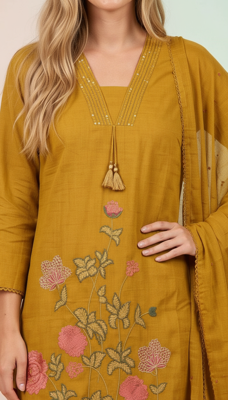 Embroidered Work  Stylish Stitiched Suit - Mustard - L / SD00194 view 4
