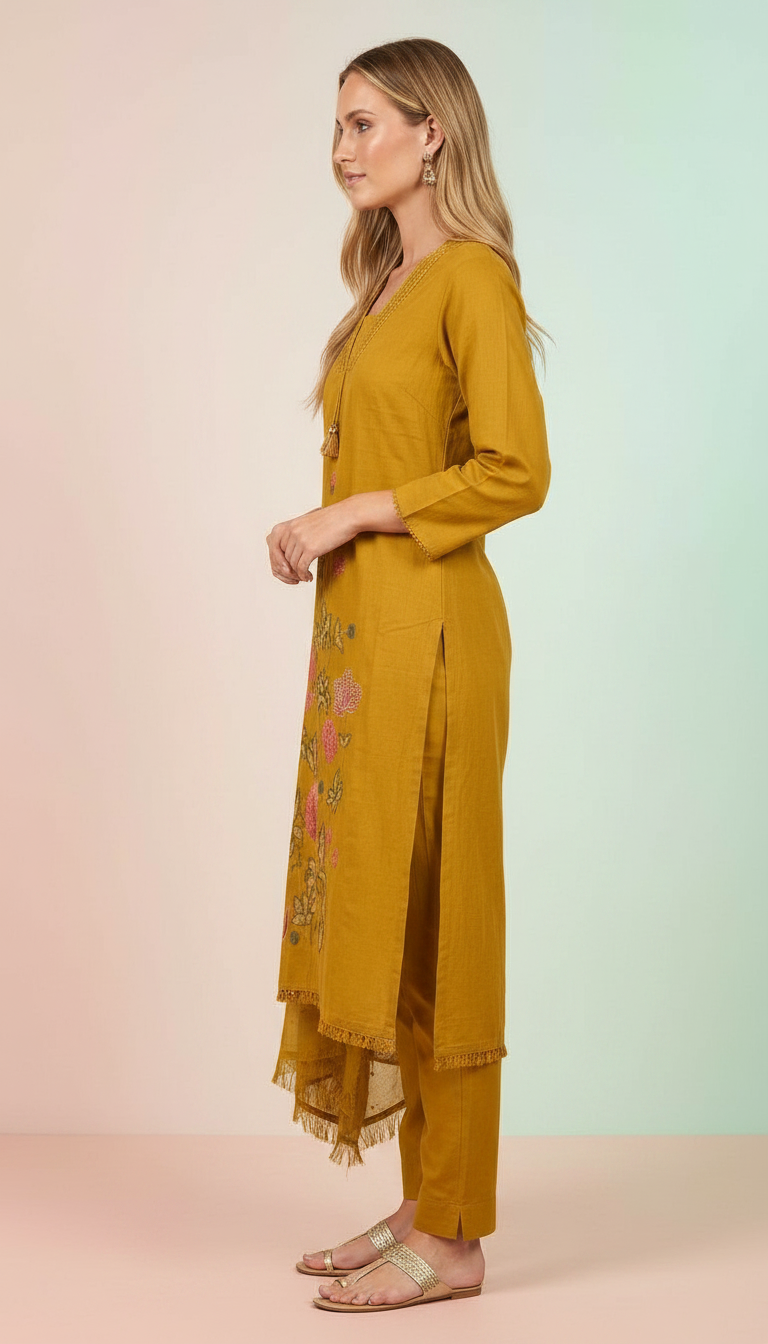 Embroidered Work  Stylish Stitiched Suit - Mustard - L / SD00194 view 2
