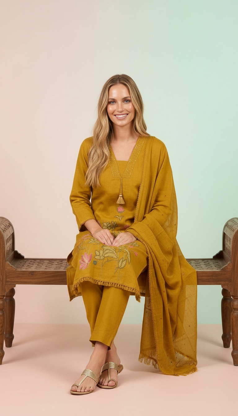 Embroidered Work  Stylish Stitiched Suit - Mustard - L / SD00194 view 5