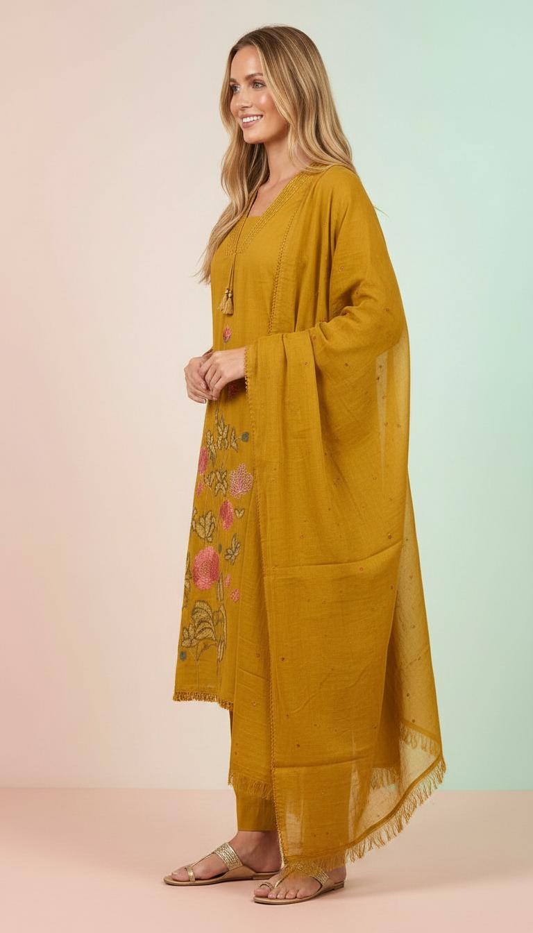 Embroidered Work  Stylish Stitiched Suit - Mustard - L / SD00194 view 3