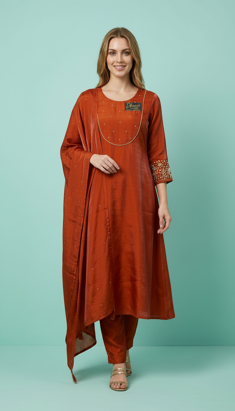 Embroidered Glass Shimmer Fabric Frock Stitched Suit -  Rust 2914 A / HC002423 view 3