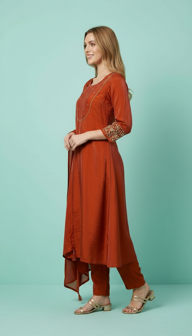 Embroidered Glass Shimmer Fabric Frock Stitched Suit -  Rust 2914 A / HC002423 view 2
