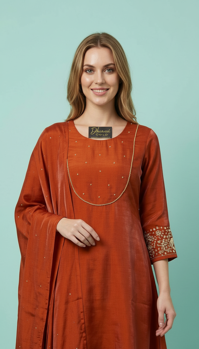 Embroidered Glass Shimmer Fabric Frock Stitched Suit -  Rust 2914 A / HC002423 view 4