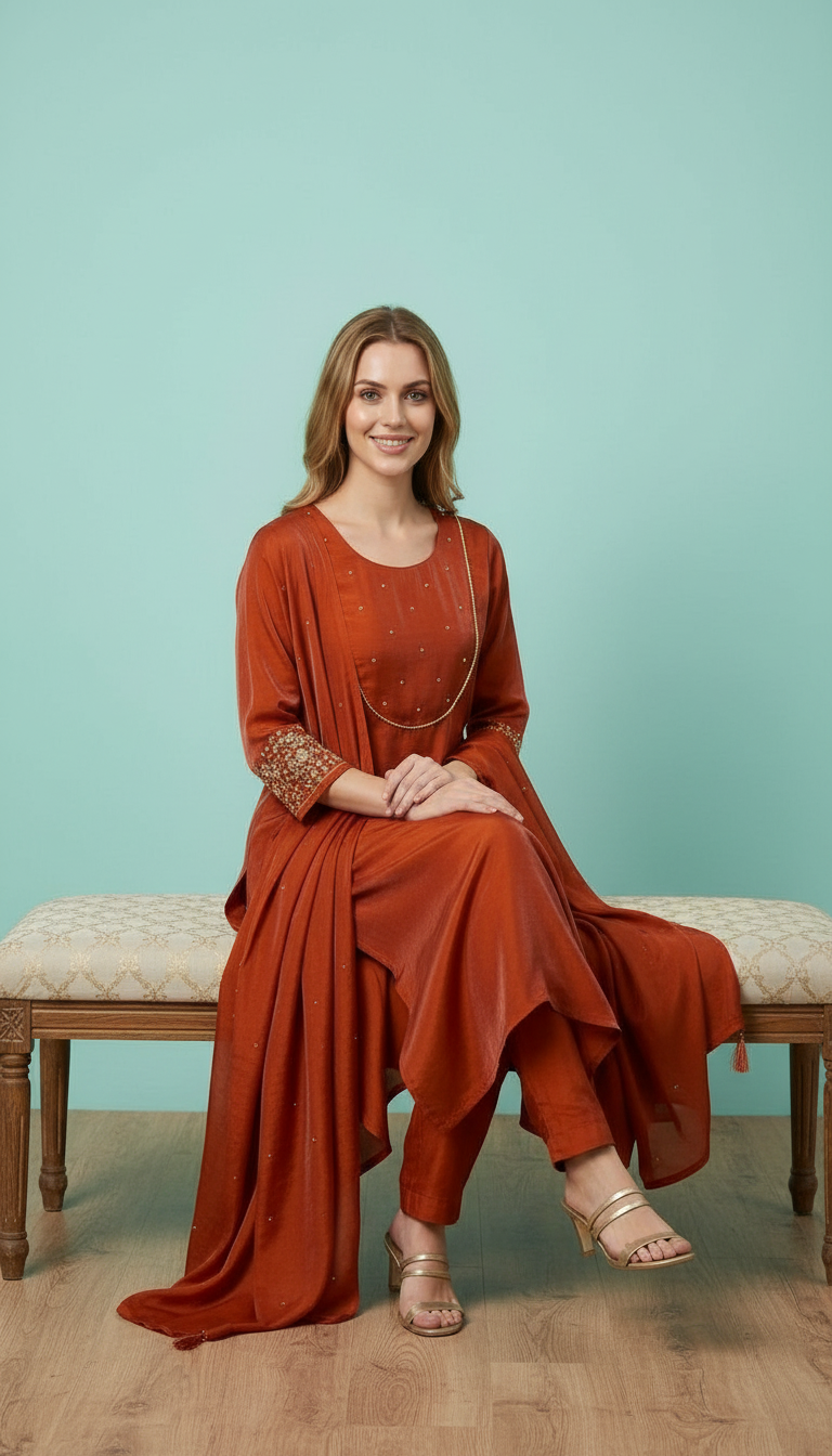 Embroidered Glass Shimmer Fabric Frock Stitched Suit -  Rust 2914 A / HC002423 view 5