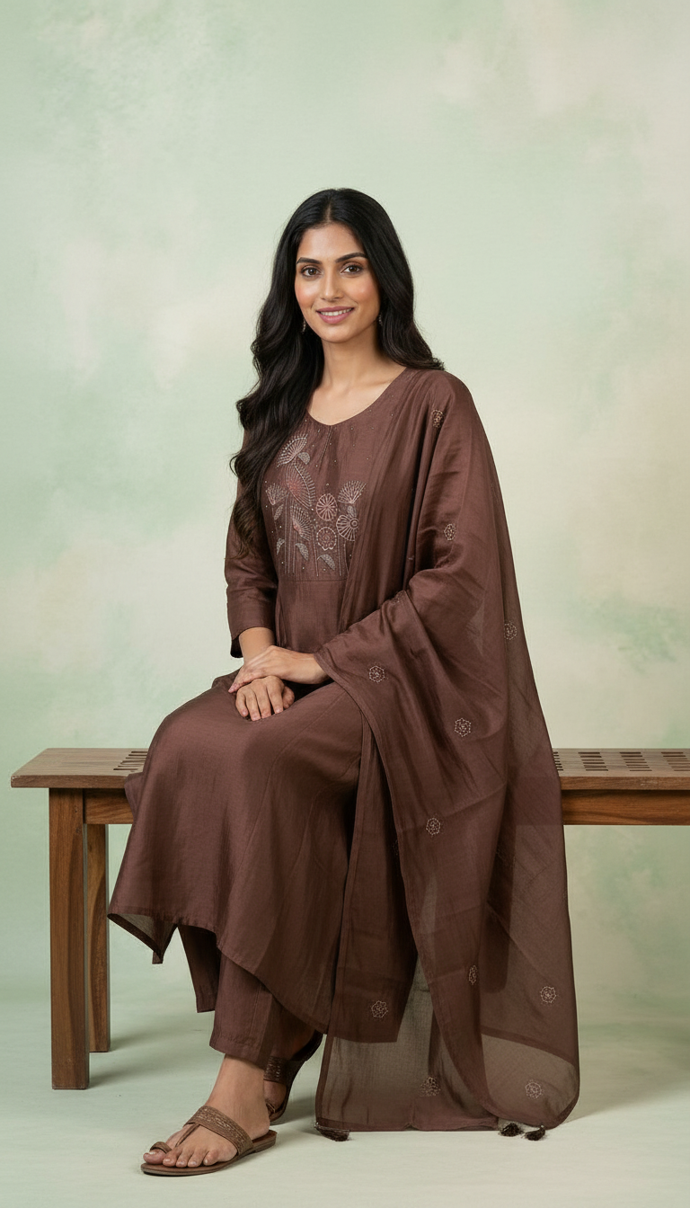 Shimmer Glass Fabric With Embroidery Stitched Frock Suit Set - Brown 2913 A / HC002426 view 5