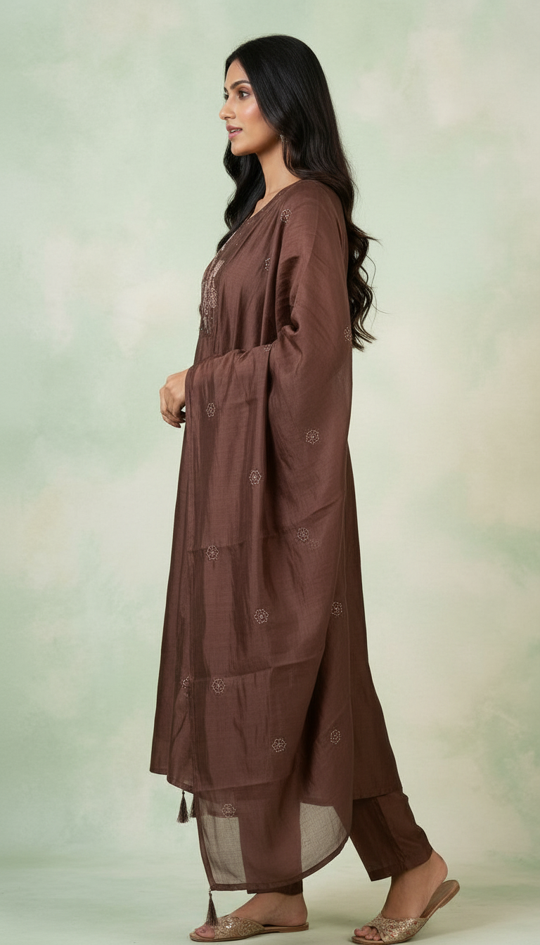 Shimmer Glass Fabric With Embroidery Stitched Frock Suit Set - Brown 2913 A / HC002426 view 2