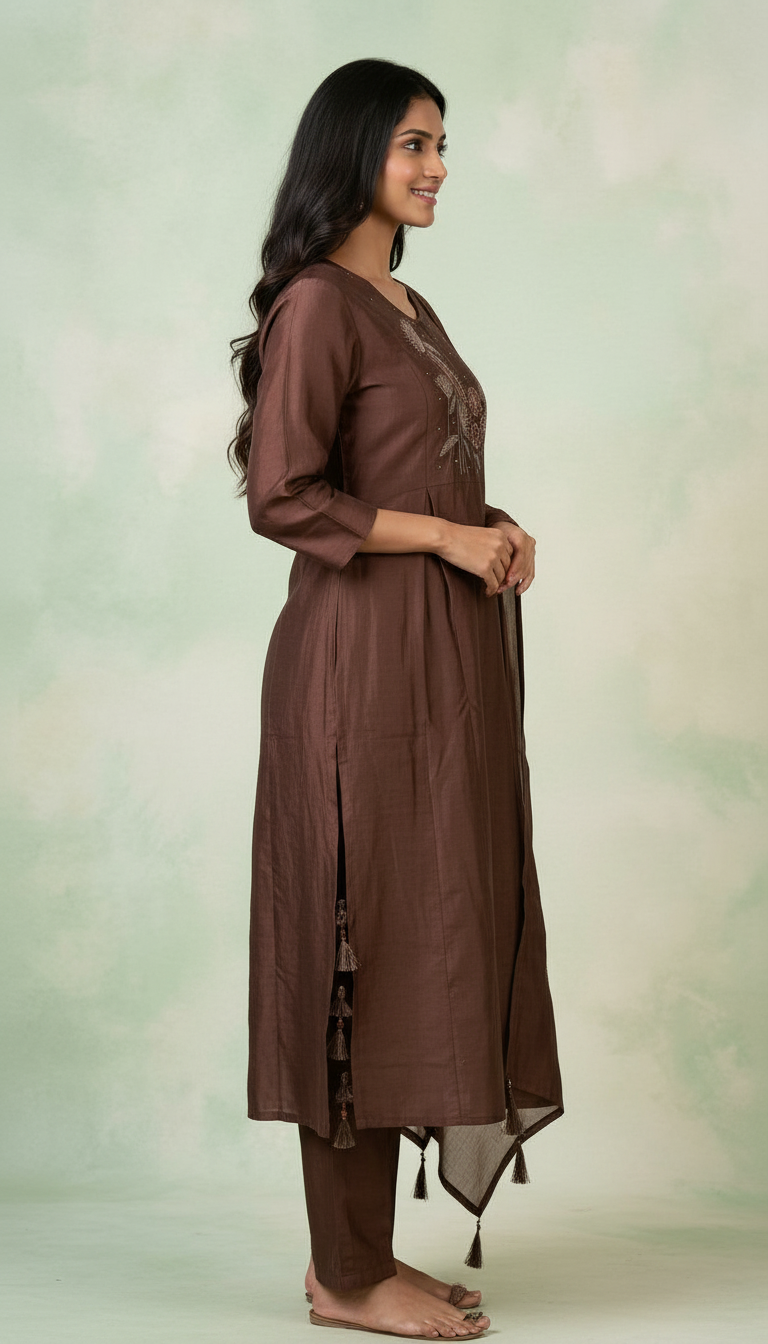 Shimmer Glass Fabric With Embroidery Stitched Frock Suit Set - Brown 2913 A / HC002426 view 3